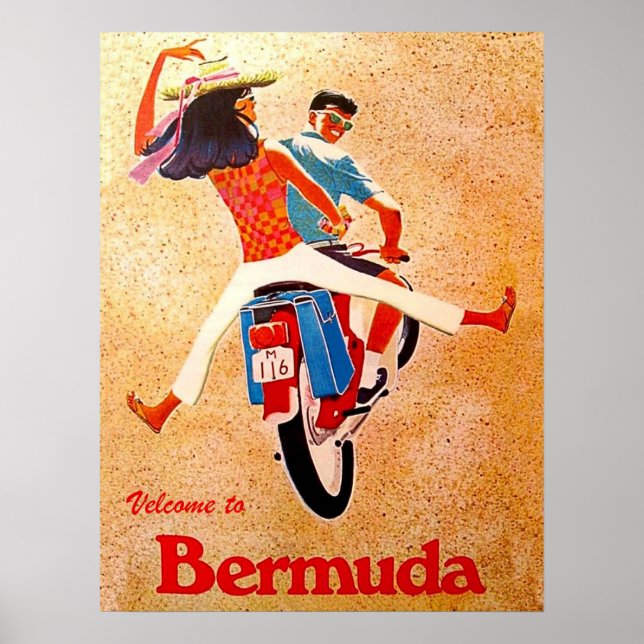 Poster Bermudas, feliz casal de moto (Frente)