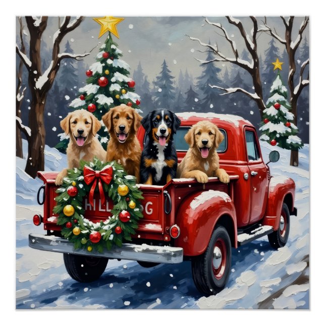 Póster Bernedoodle Natal Caminhão Vermelho Feriado (Frente)