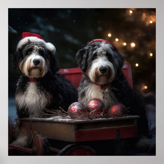 Poster Bernedoodle Snowy Sleigh Decência de Natal (Frente)