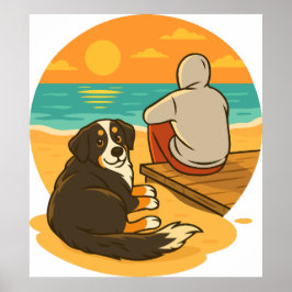Poster Bernese Mountain Dog Sunset Beach Companion