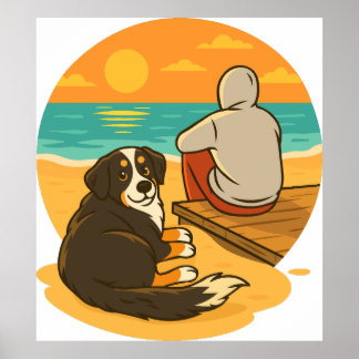 Poster Bernese Mountain Dog Sunset Beach Companion