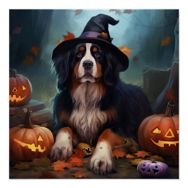 Póster Bernese Mountain Pumpkins Halloween Assustado (Frente)