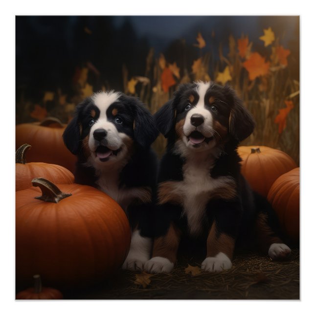 Póster Bernese Mountain Puppy Autumn Delight Pumpkin (Frente)