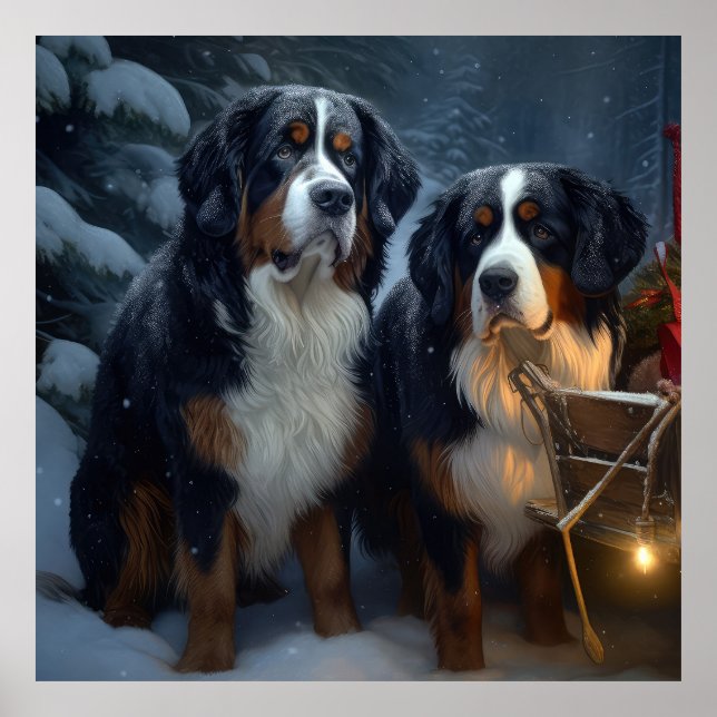 Poster Bernese Mountain Snowy Sleigh Decência de Natal (Frente)