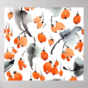 Poster Berries, folhas de aquarela, ilustração com tinta,