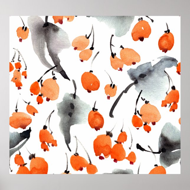 Poster Berries, folhas de aquarela, ilustração com tinta, (Frente)