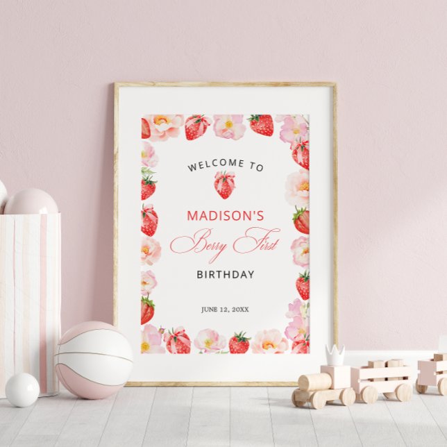 Poster Berry First Birthday Strawberry Bow Welcome (Criador carregado)
