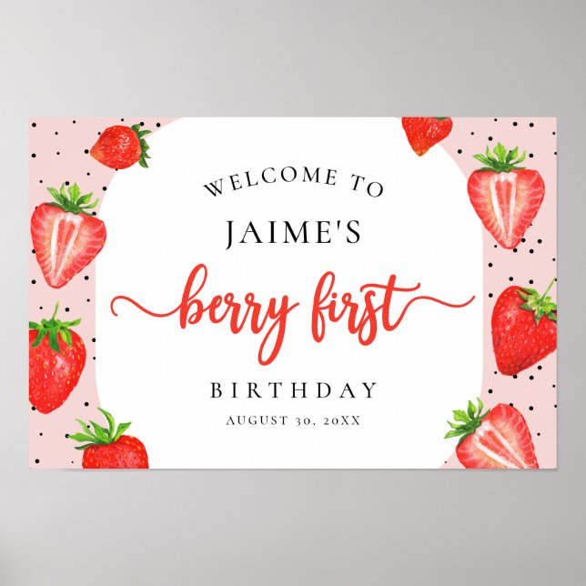 Poster Berry First Birthday Strawberry Girl (Frente)