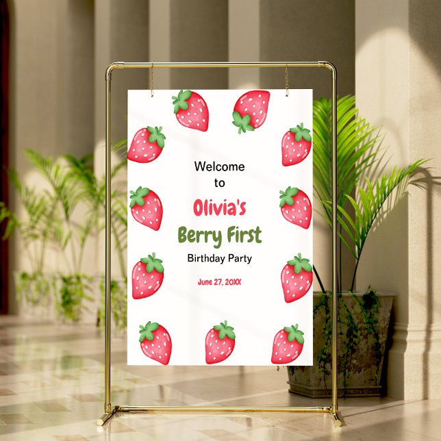 Poster Berry First Strawberry primeiro aniversario Welcom (Berry First Strawberry 1st Birthday Welcome Sign )