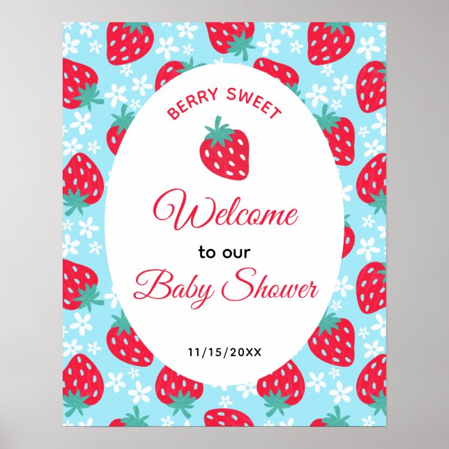 Poster Berry Sweet Blue Strawberry Baby Shower Welcome (Frente)