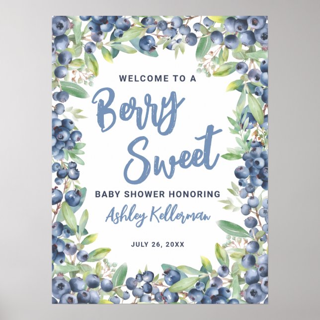 Poster Berry Sweet Blueberry Baby Shower Welcome Sign (Frente)