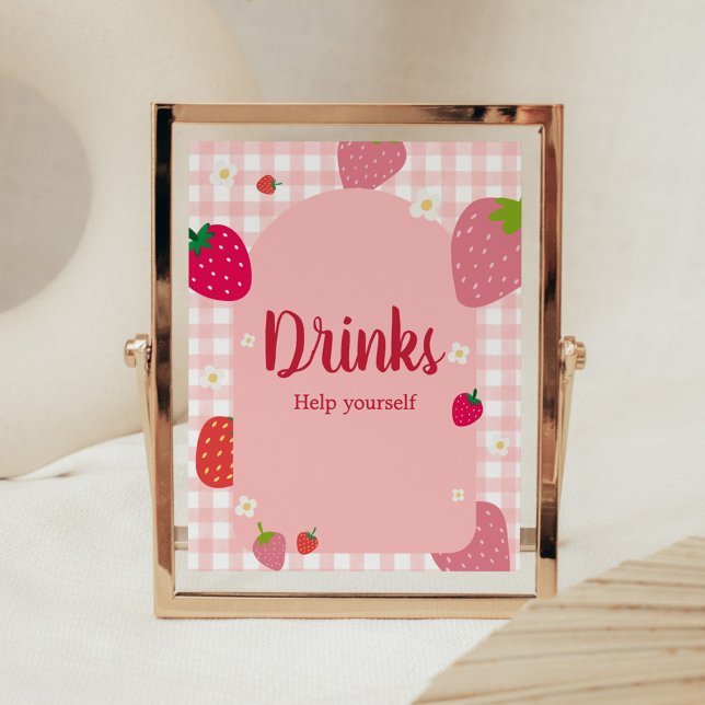 Poster Berry Sweet Gingham Strawberry Chá de fraldas Bebi (Gingham Strawberry Berry Sweet Baby Shower Drinks Sign)