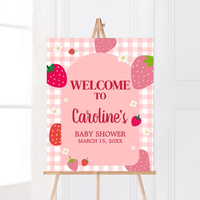 Poster Berry Sweet Gingham Strawberry Chá de fraldas Bem- (Gingham Strawberry Berry Sweet Baby Shower Welcome Sign)