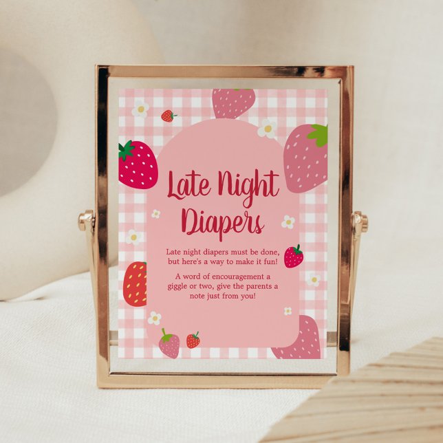 Poster Berry Sweet Gingham Strawberry Fraldas Noturnas Ta (Gingham Strawberry Berry Sweet Baby Shower Late Night Diapers Sign)