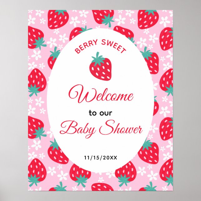 Poster Berry Sweet Pink Strawberry Baby Shower Welcome (Frente)