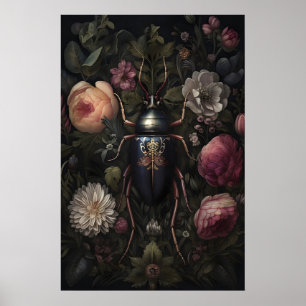 Poster Besouro Preto No Jardim De Flores Escuras, Inseto 