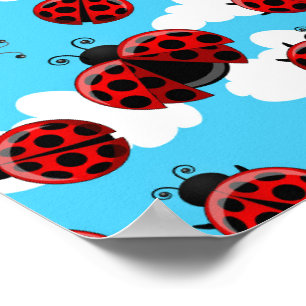 Poster Besouro Vermelho-Ladybug Nuvens Brancas Azuis