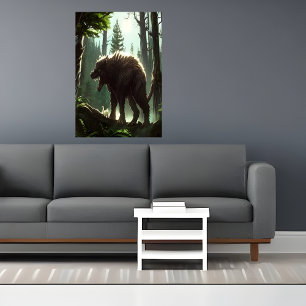 Poster Besta de lobo assustador na floresta   AI Art Post
