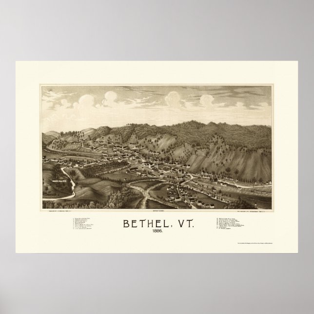 Poster Bethel, Mapa Panorâmico VT - 1886 (Frente)