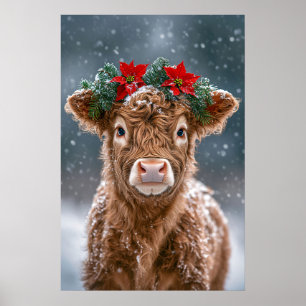 Poster Bezerro na Neve com Grinalda de Poinsettia