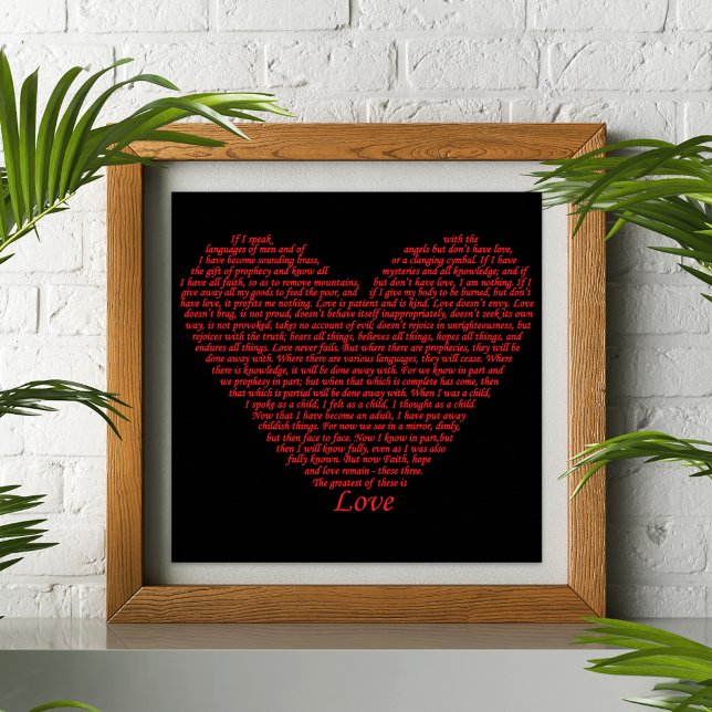 Póster Bíblia Ama Típografia (Love bible quote 1 Corinthians 13 red heart typography art poster by artist Catherine Sweetman )