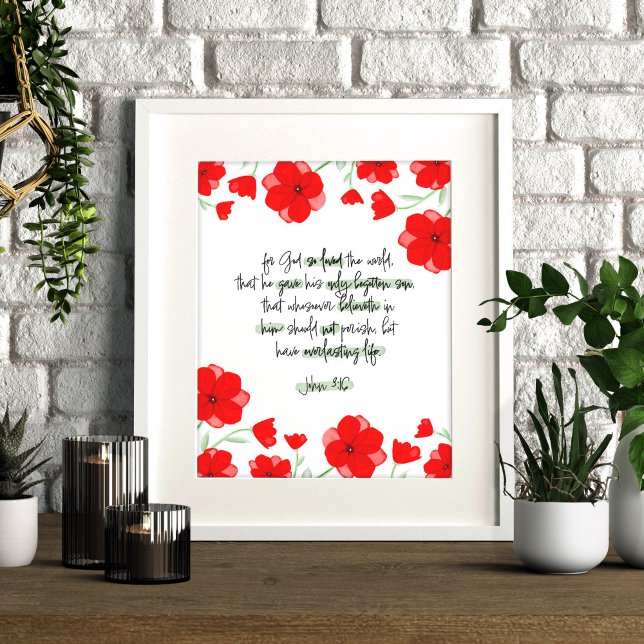Poster Bíblia Cristã Floral Red Poppy Verse John 3:16 (Criador carregado)