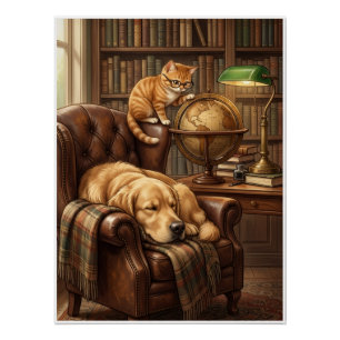 Póster Biblioteca Vintage Aconchegante Cachorro e Gato Es