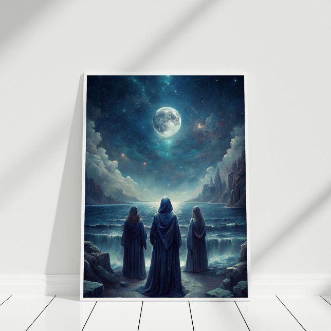 Poster Bicho De Lua Cheia - Víblias De Testemunhas Lunare (Full Moon Priestesses Mug – Lunar Witchy Vibes Poster in a white wooden frame)