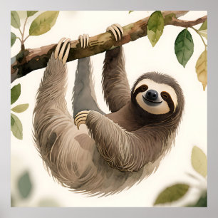 Poster Bicho-Preguiça Suspenso Fofo Aquarela Sorriso Rela