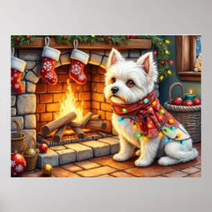 Poster Bichon Frise Lareira com Luzes de Natal