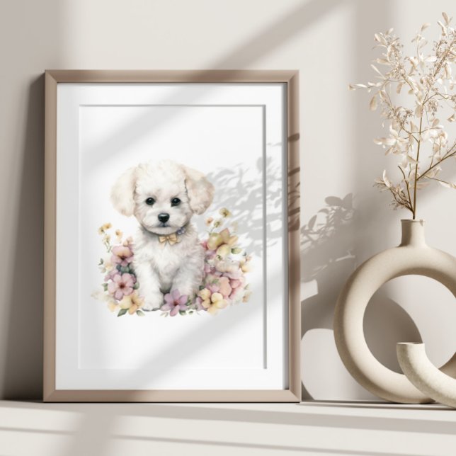 Poster Bichon Frise Puppy Pet Watercolor Flor (Criador carregado)