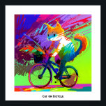 Poster Bicicleta Abstrato de Pop de Arte Colorida<br><div class="desc">Esta imagem mostra um gato andando de bicicleta, capturado em uma pose dinâmica e lúdica. O gato está posicionado na vertical no assento da bicicleta, segurando os guiões com uma pata, enquanto a outra pata parece equilibrar a bicicleta. O pelo do gato é representado por uma variedade de cores vibrantes,...</div>
