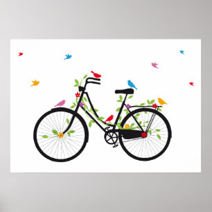 Póster Bicicleta antiga com flores e aves