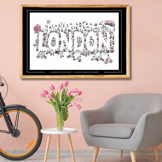 Poster Bicicleta Ciclografando Em Torno Da Arte Da Linha  (Cycling bicycles around london minimalist line art black and white poster for cyclists)