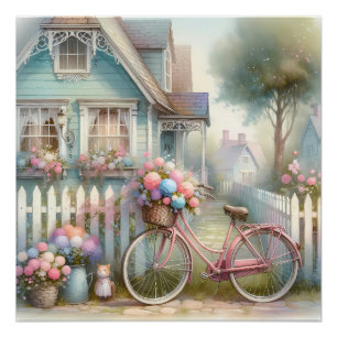 Póster Bicicleta de Flor Rosa no Portão da Casa Azul
