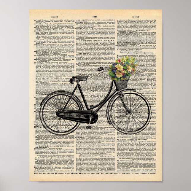 Póster Bicicleta de Parede de Dicionário Vintage com Flor (Frente)