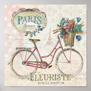 Póster Bicicleta de Paris com as flores na parte