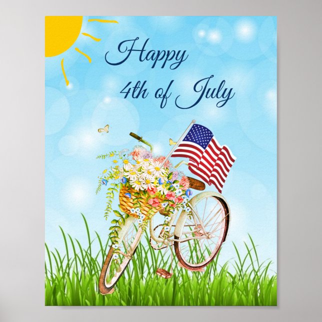 Poster Bicicleta feliz 4 de julho com bandeira   (Frente)