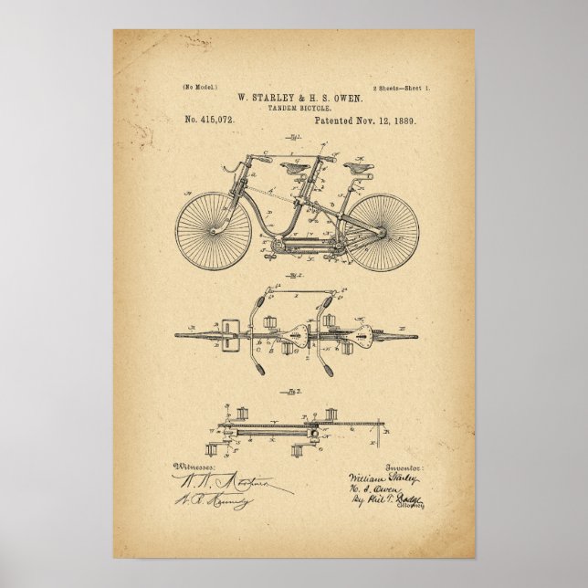 Póster Bicicleta Tandem de Patente 1889 (Frente)