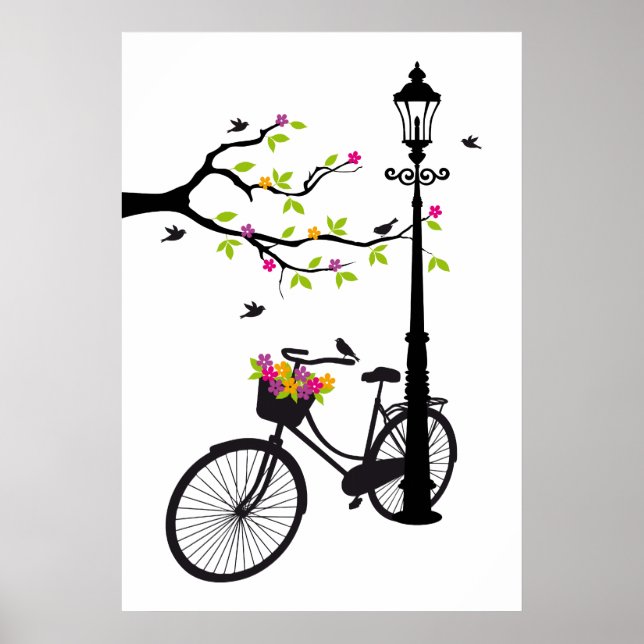 Poster Bicicleta velha com candeeiro, cesto de flores, pá (Frente)