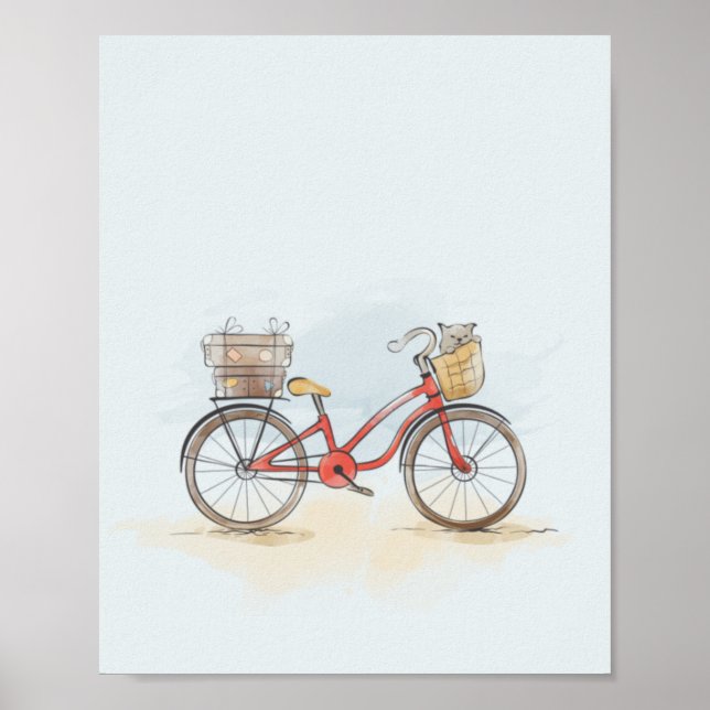 Poster Bicicleta Vermelha e Gato em Aquarela (Frente)