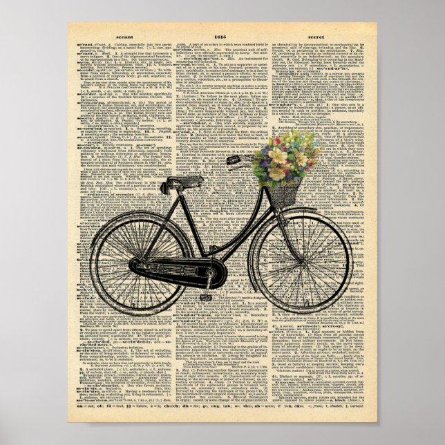 Poster Bicicleta vintage com flores no dicionário vintage (Frente)