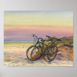Poster Bicicletas à Beira-Mar ao Pôr do Sol Aquarela