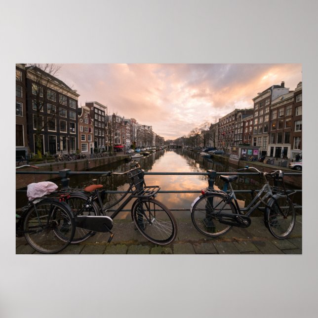 Poster Bicicletas ao pôr do sol em Amesterdã (Frente)