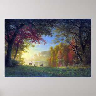Poster Bierstadt - Deer De Um Lago Ao Sunset Indiano