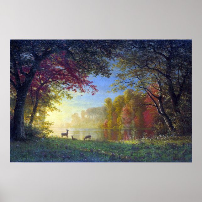 Poster Bierstadt - Veado ao pôr do sol indiano por um lag (Frente)