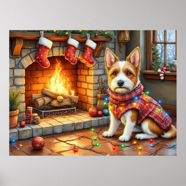 Poster Biewer Terrier Fireplace with Christmas Lights (Frente)
