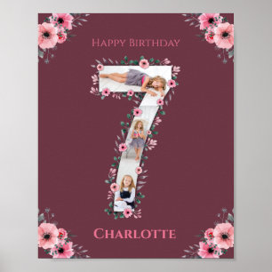 Poster Big 7th Birthday Girl Photo Collage Pink Flower