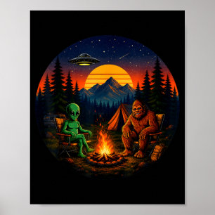 Poster Bigfoot alien engraçado acampando fogueira ufo ret