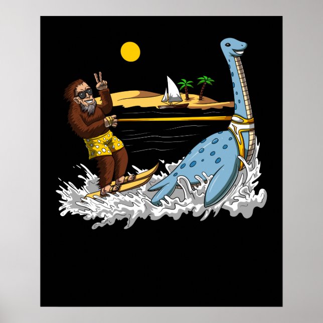 Poster Bigfoot Andando Loch Ness Monster Engraçado Conspi (Frente)